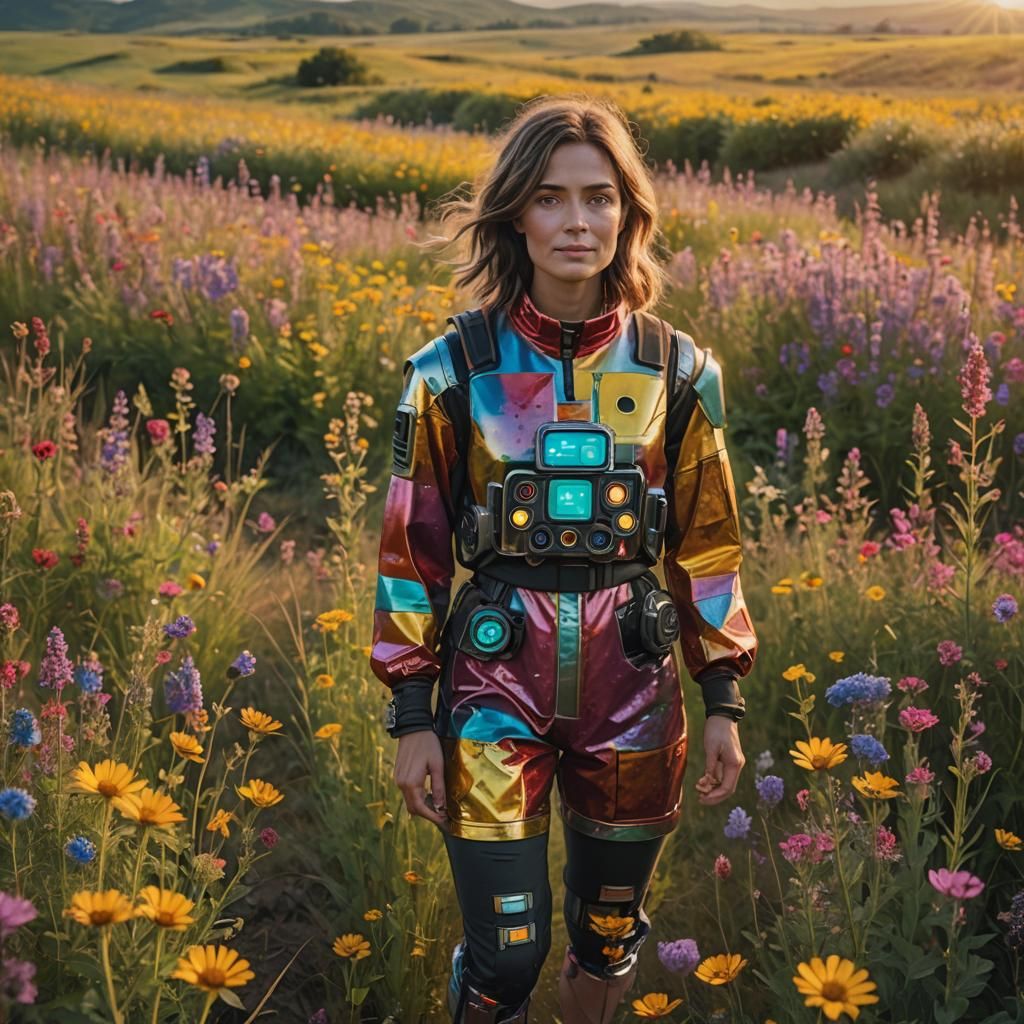 Woman and Robot Friendship in Wildflower Field