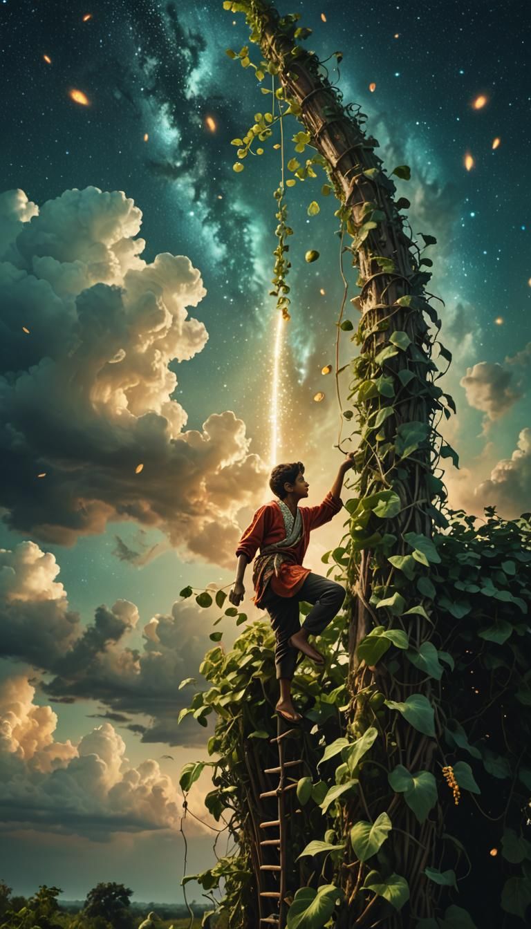 Surreal Indian Boy Ascends Majestic Beanstalk