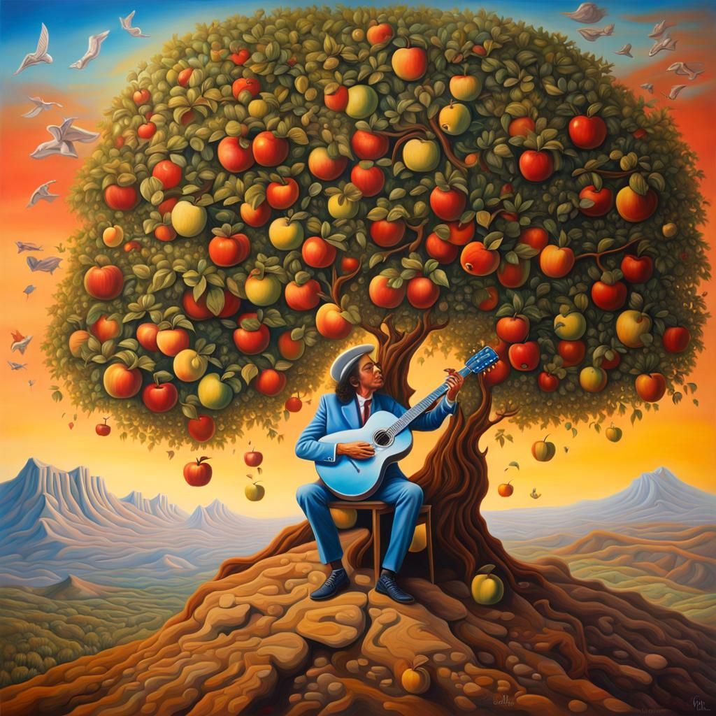 Newton Plays Guitar as Apple Falls, Surrealist Oil Painting