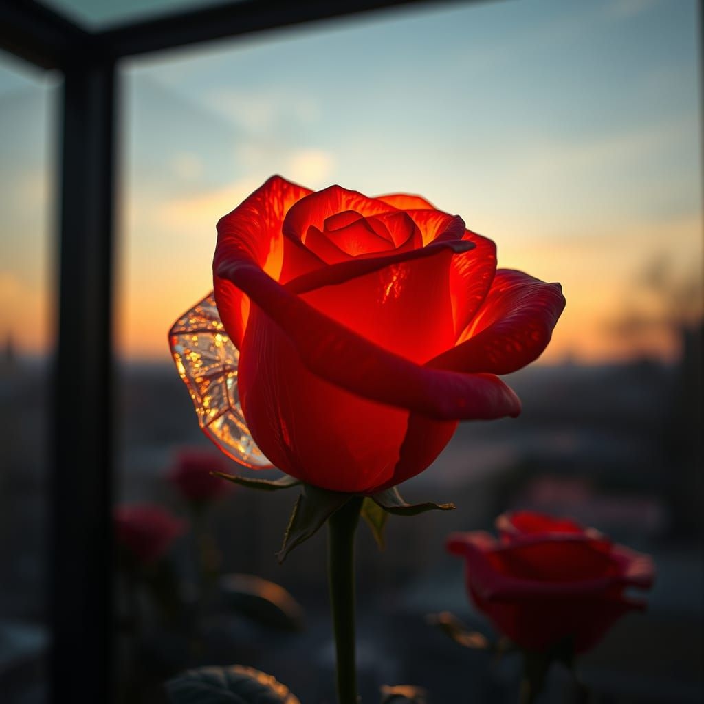Hyperrealistic Glass Rose in a Sunset Glass Room