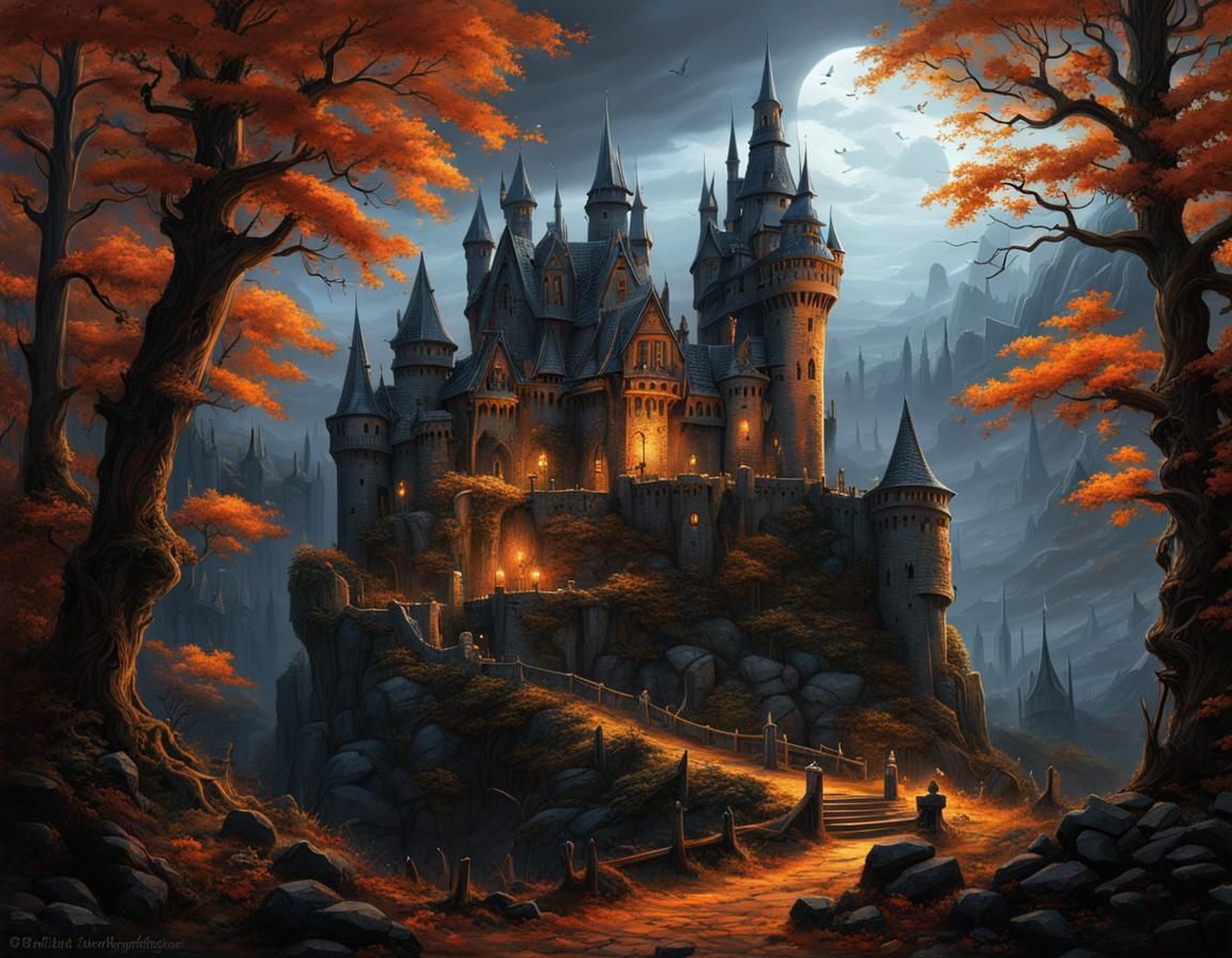 Ominous Gothic Witch's Castle in Dark Forest