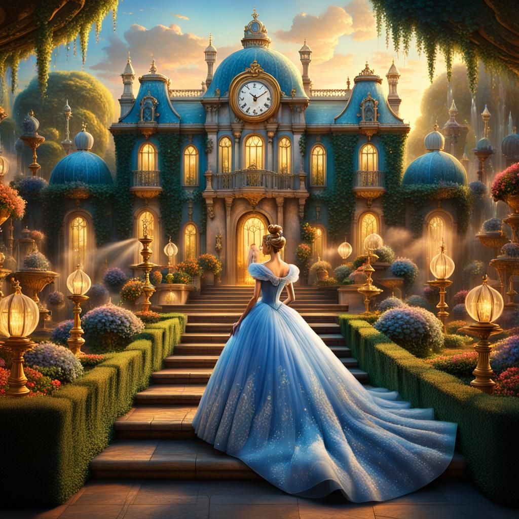 Cinderella in Surreal Mansion Garden: Fantasy Art