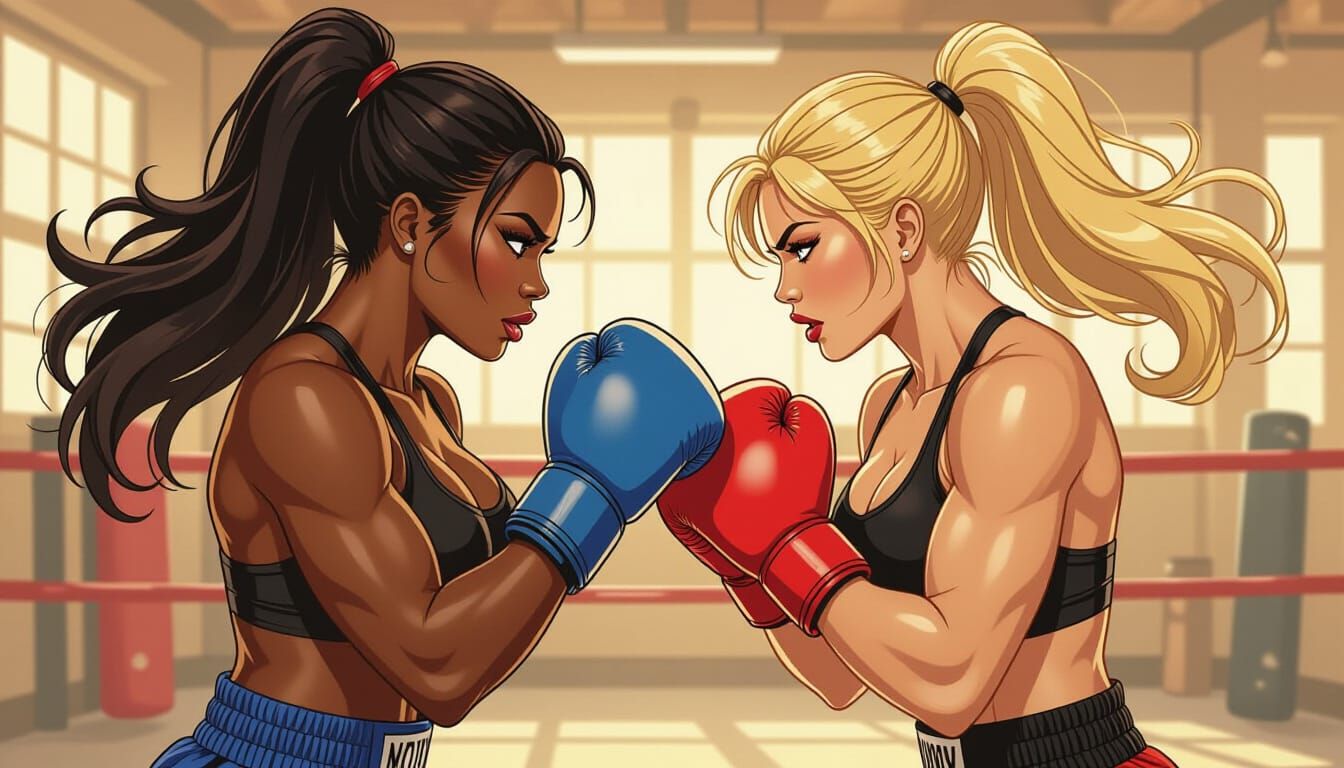 Dynamic Boxing Match: Black and Blonde Women in Frank Cho St...