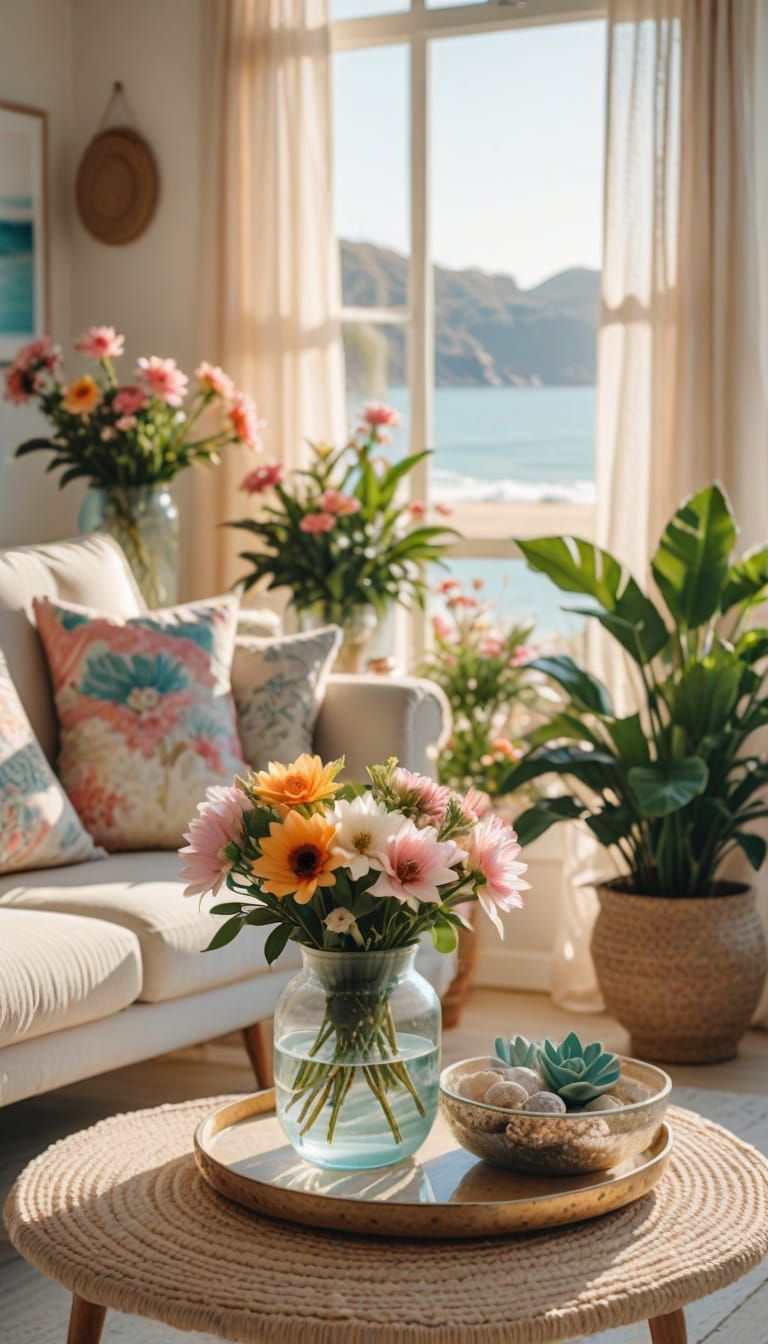 Coastal Living Room with Boho Decor in Soft Focus