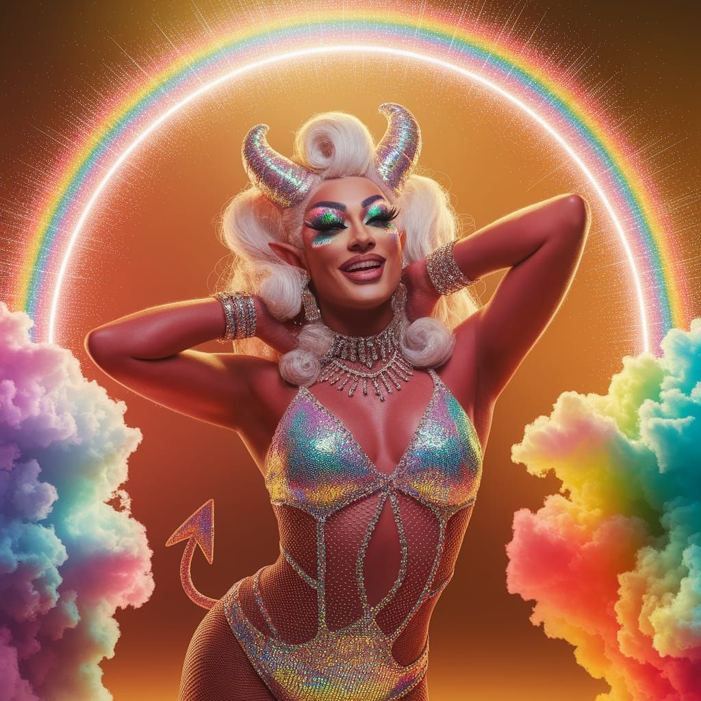 Vibrant Demon Embodies Fabulous Drag Queen in Rainbow Aura