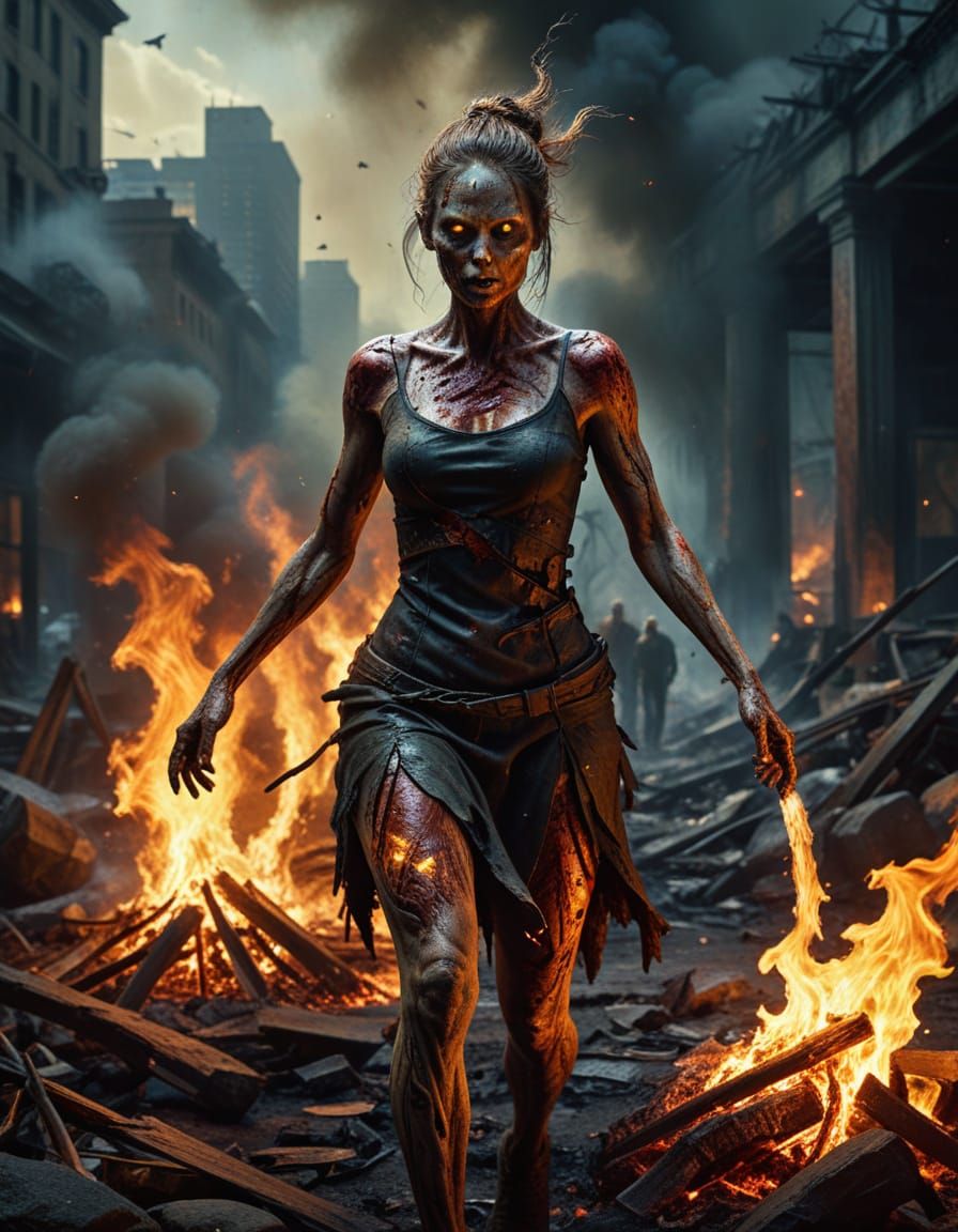 Woman Sets Zombies on Fire: Oil Painting