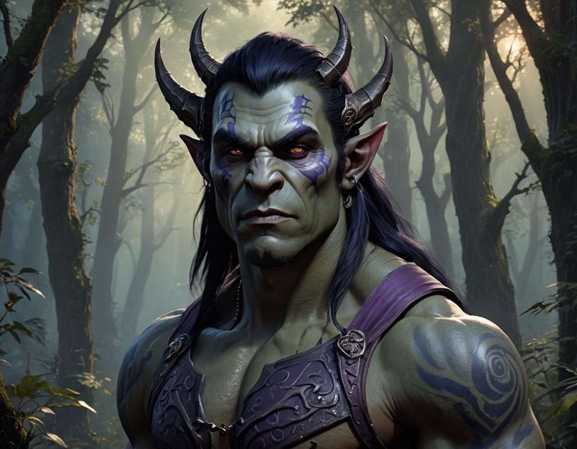 Handsome Orc in Magical Forest, Hyperrealistic Wide Angle