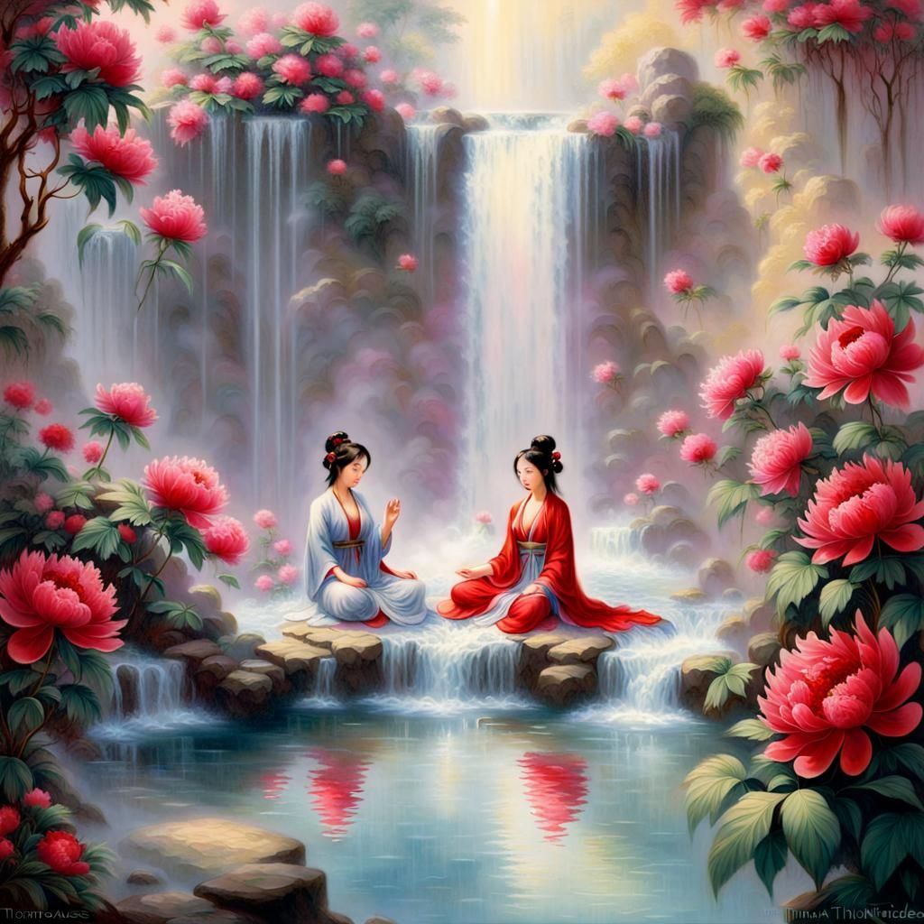 Sacred Women Meditating in Peony Garden