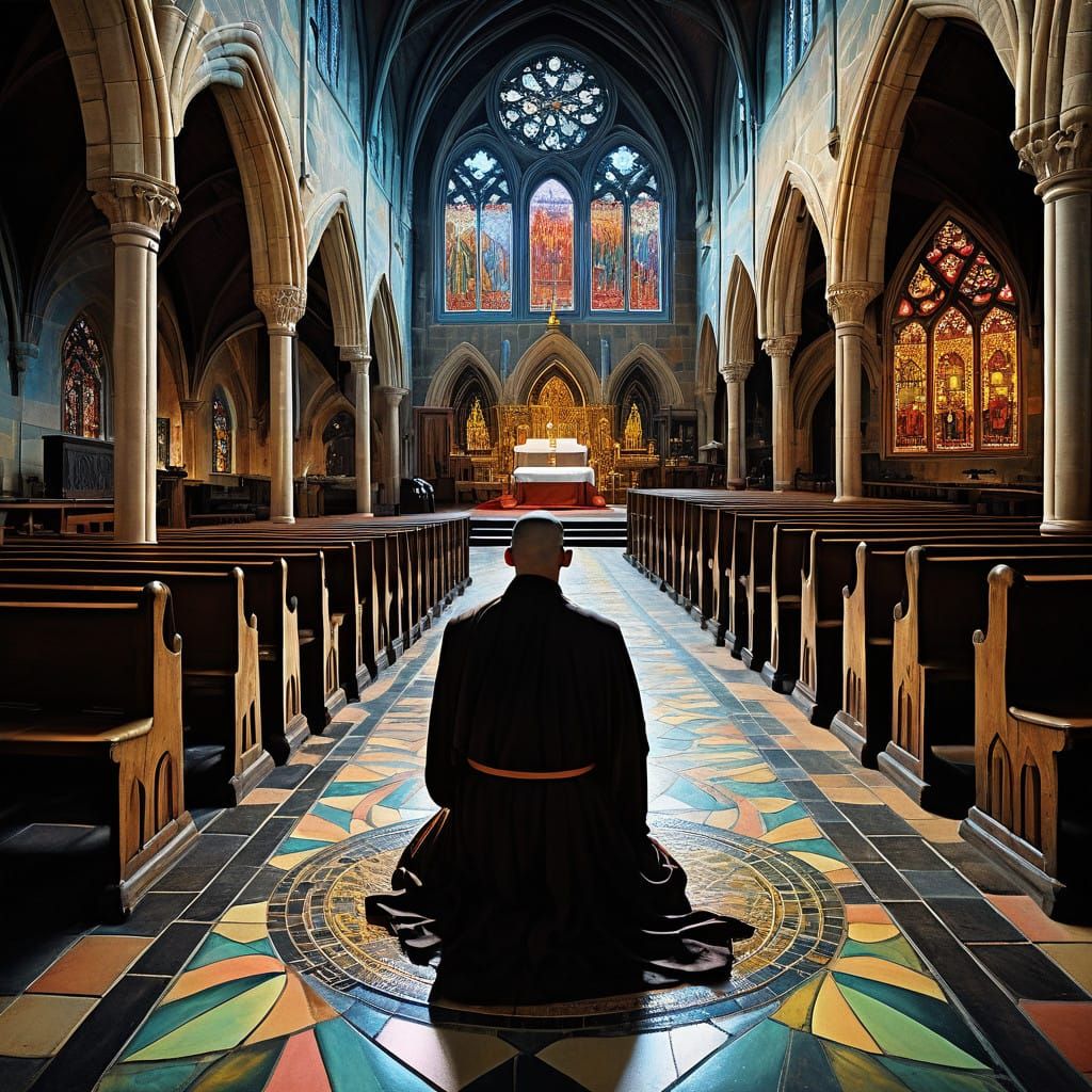 Medieval Monks in Prayer with a Majestic Gallo