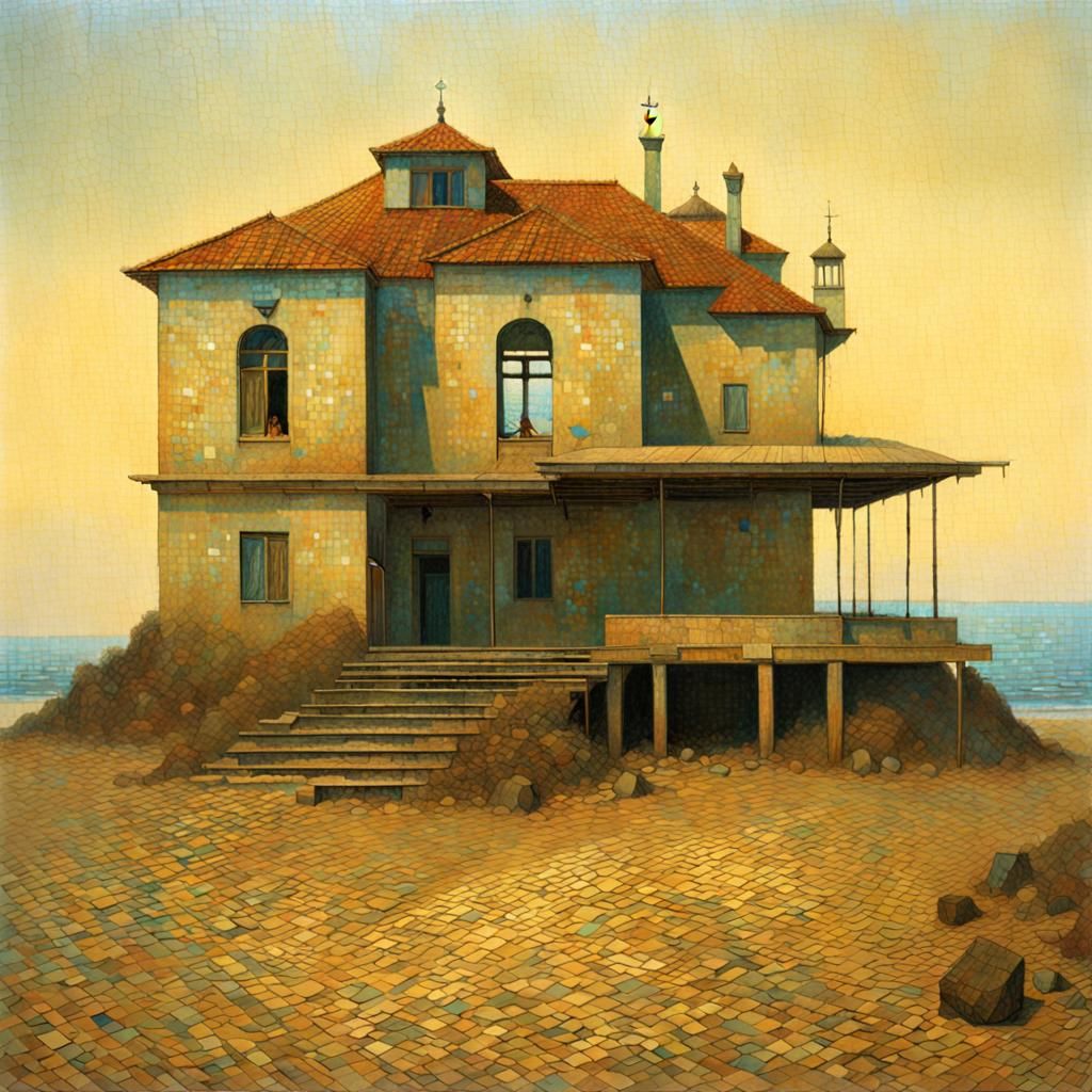 Beach Villa in Mosaic Dark Surrealism