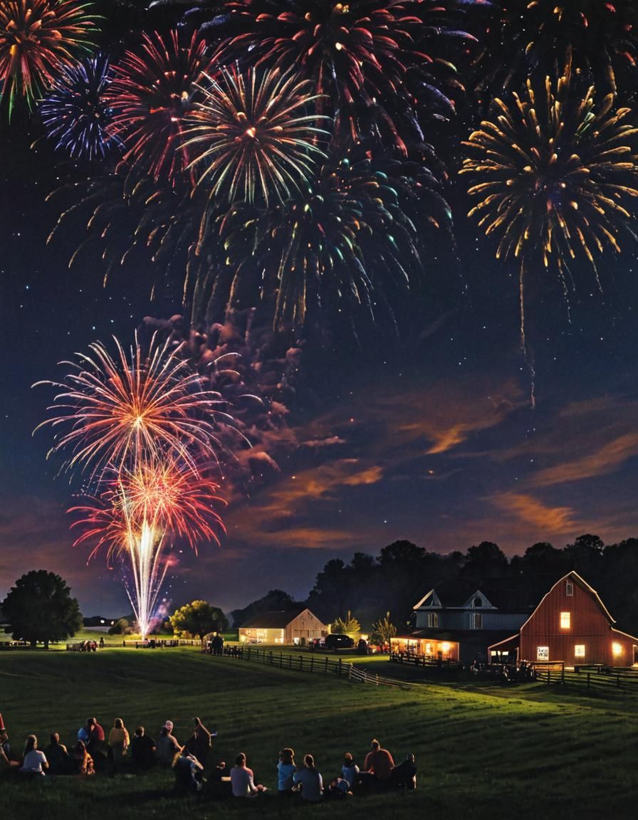 Fireworks Over Rural Farm: A Night Spectacle