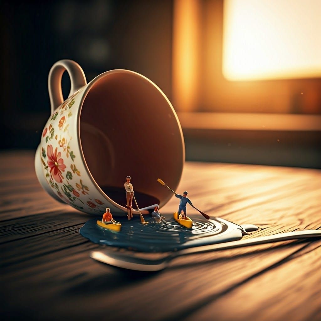 Miniature Figurines Lounging by Spilled Teacup Lake