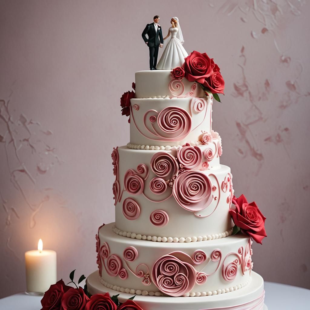 Elegant Wedding Cake with Pink Swirls and Roses