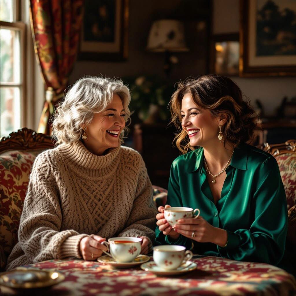 Friends Share Tea in Sunlit Living Room