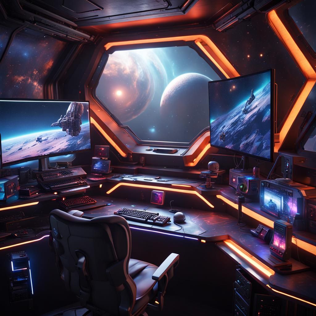 Gaming PC on Spaceship with Galaxy View