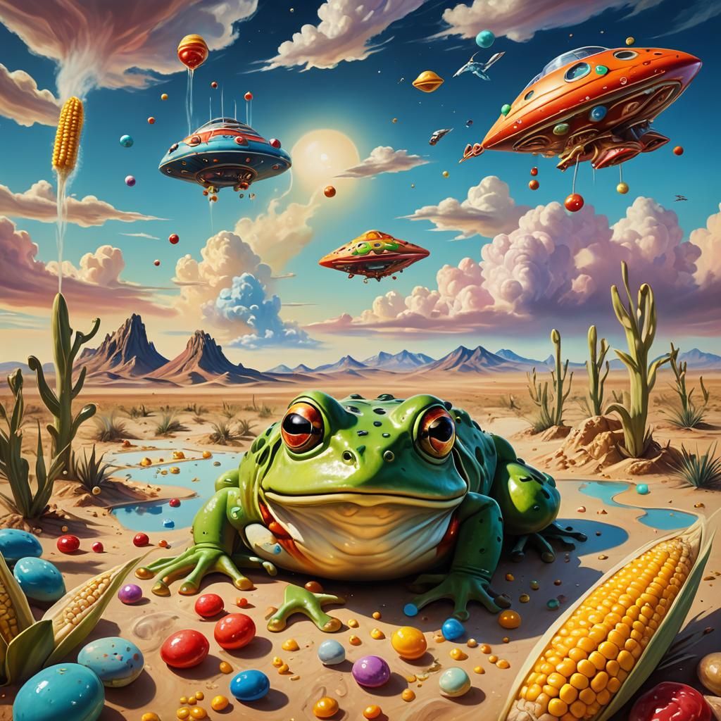 Surreal Frog in Desert Cornfield, Dali-esque Style