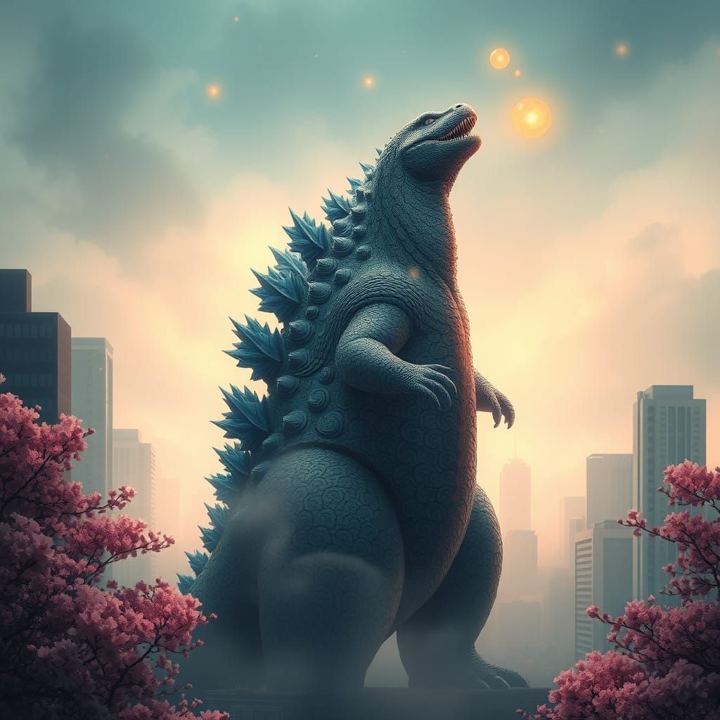 Majestic Neurodivergent Godzilla in Whimsical Tokyo Cityscap...