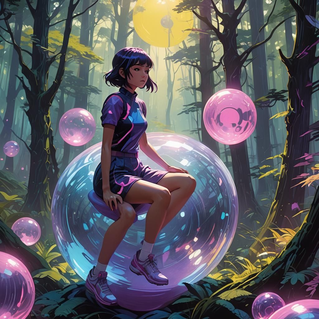 Anime Girl Rides Glowing Ball in Mystical Forest
