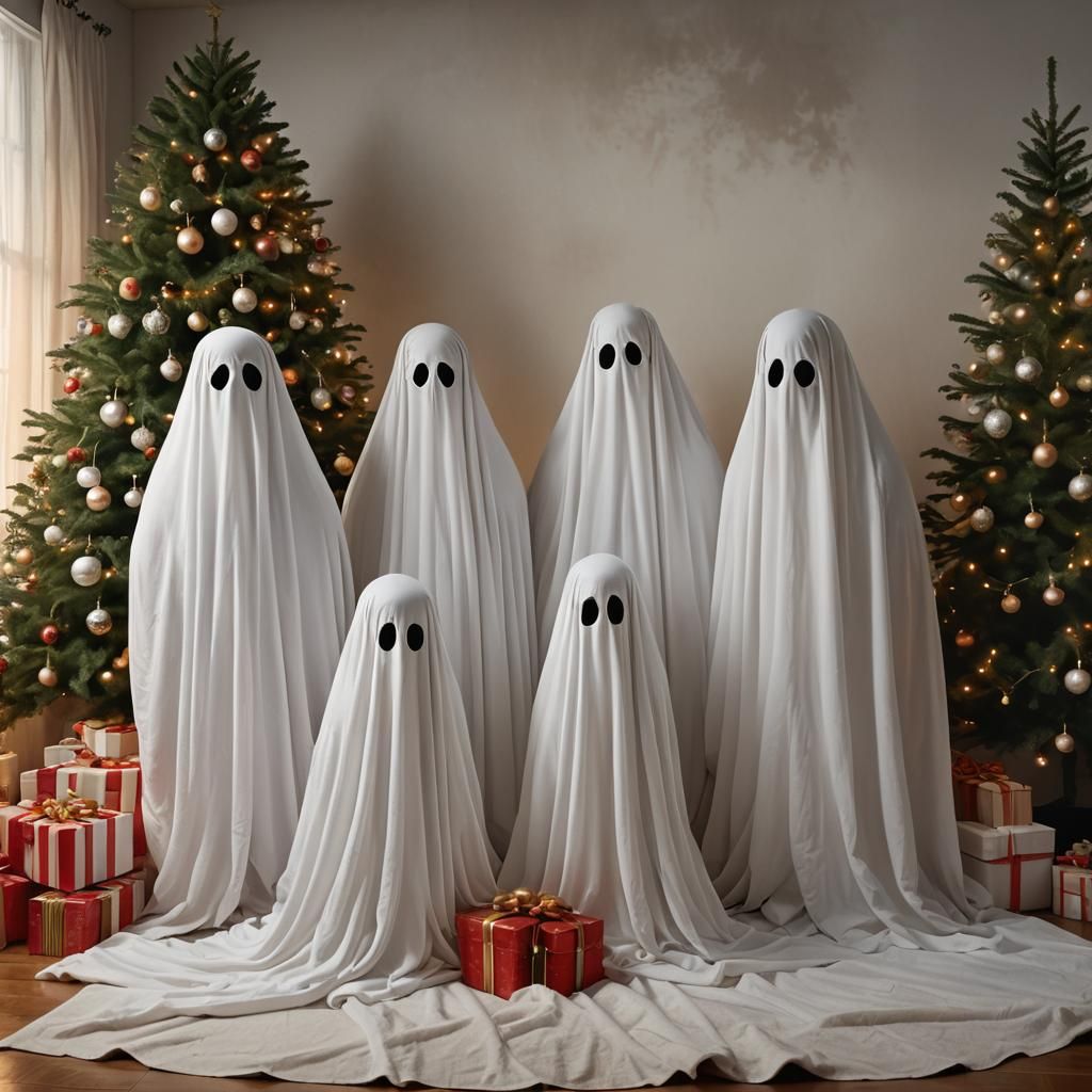 Ghost Family Christmas Photo in 1980s Style