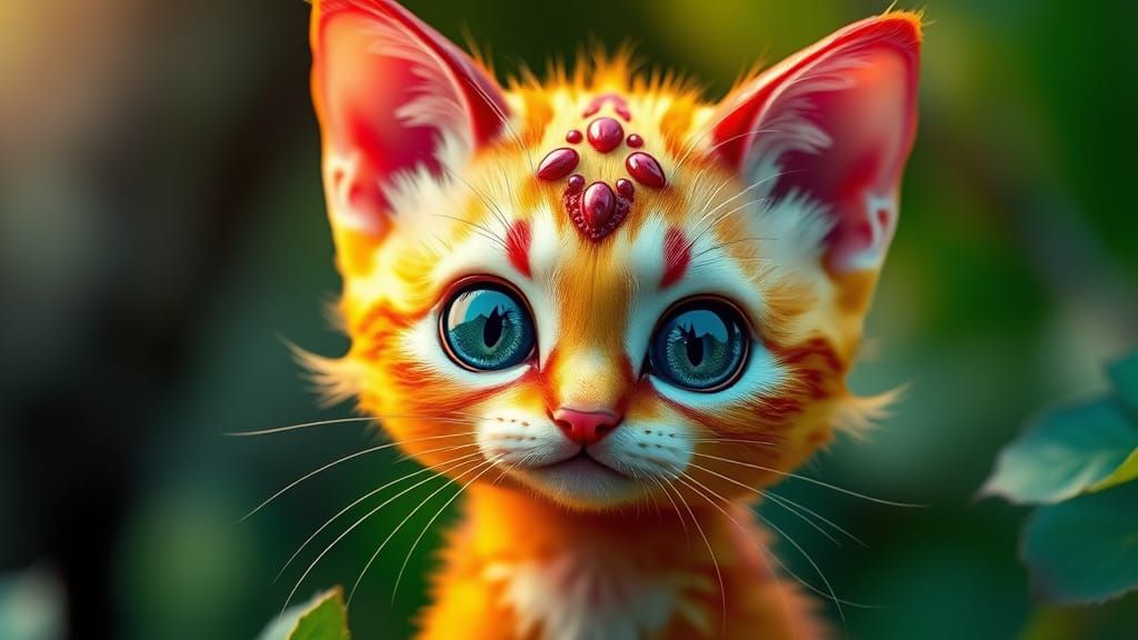 Cute Alien Cat with Apple Fusion in Whimsical Digital Art