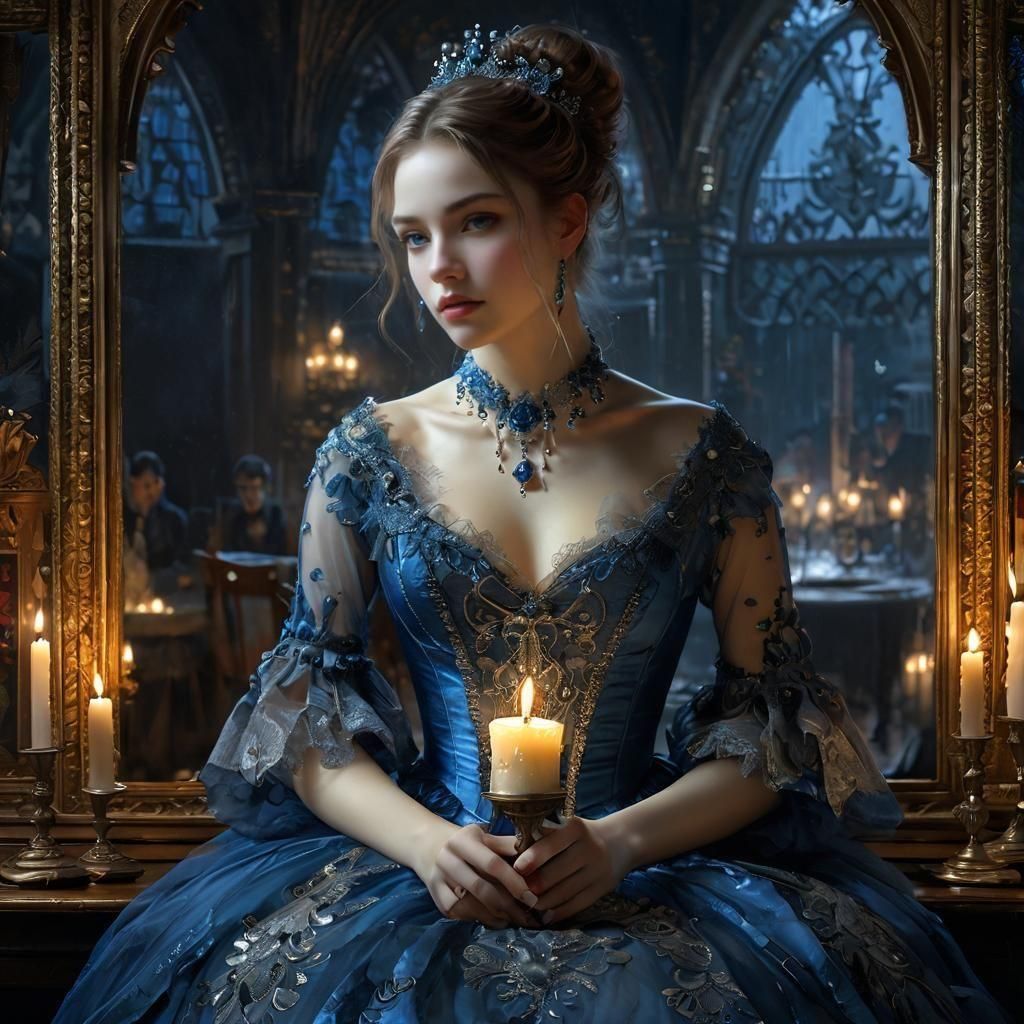 Beautiful Woman in Blue Tulle: Dark Fantasy Portrait