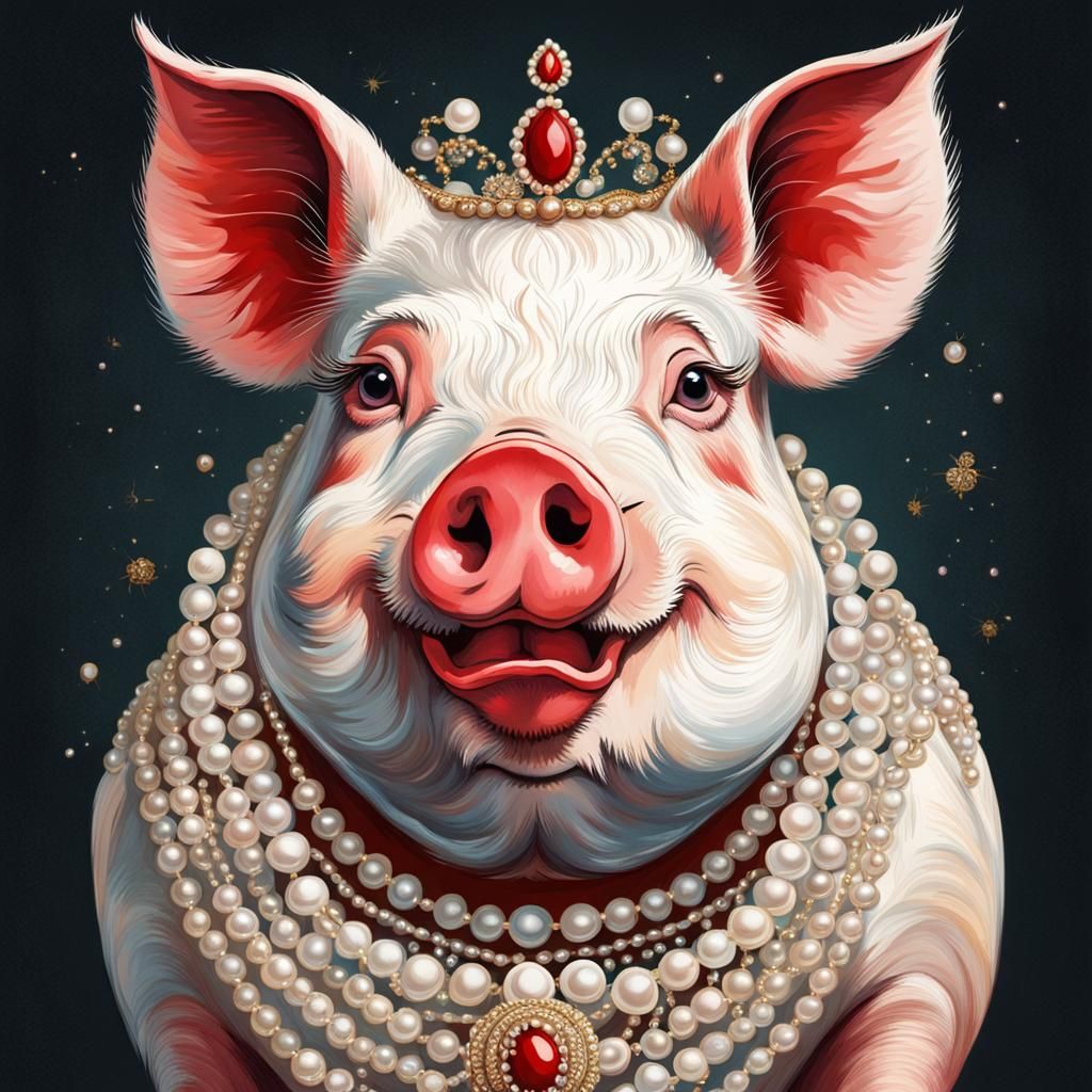 a pretty pig with  long lashes    wearing red lipstick, pearls