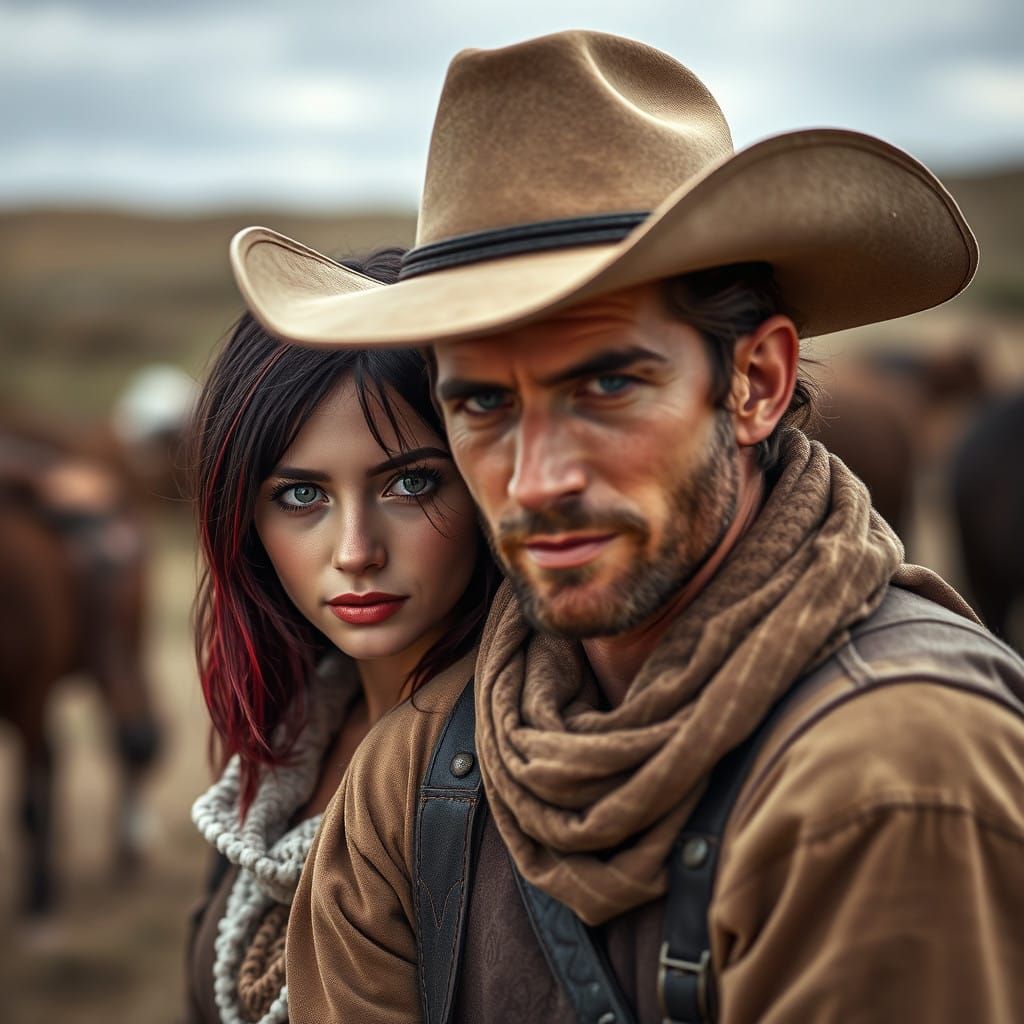 Western Couple Amidst a Cinematic Ranch Landscape