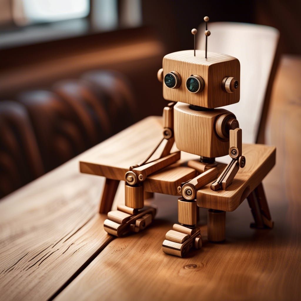 Wooden Robot on Table: Hyperrealistic Digital Art