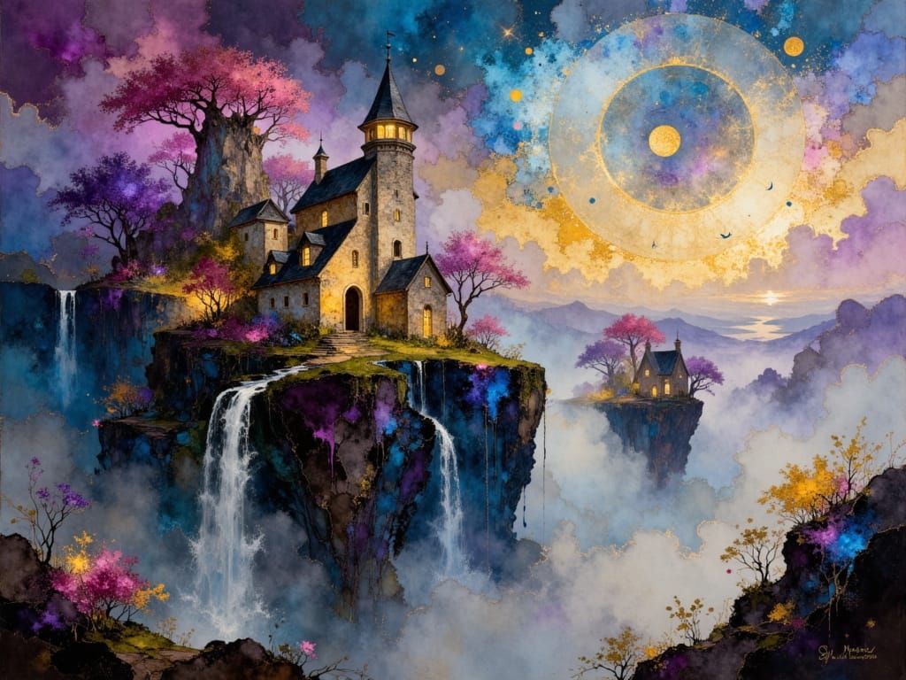 Mysterious Misty Floating Cityscape in Klimt & Kinkade Style