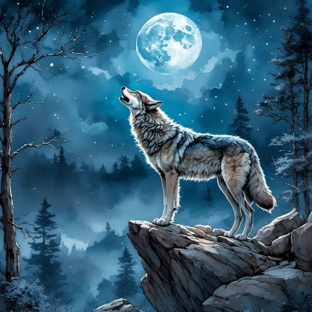 Majestic Wolf Howling at the Moon: Fantasy Illustration