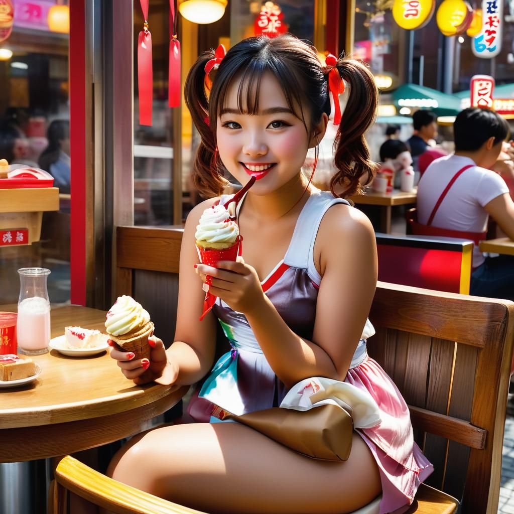 Curvaceous Woman Enjoys Ice Cream: Anime-Inspired Art