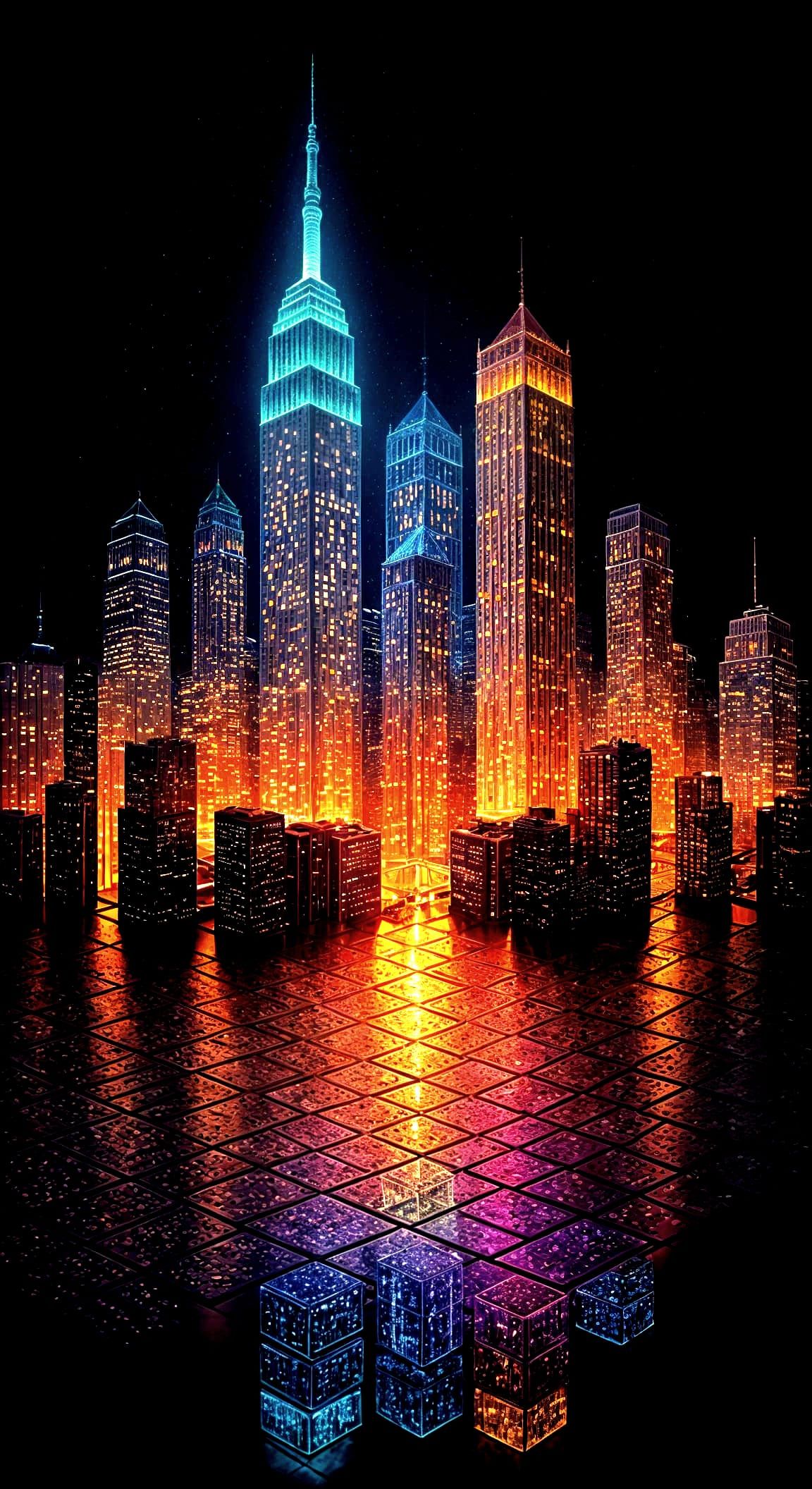 Majestic City Night Skyline in Vibrant Pointillist Cube Illu...