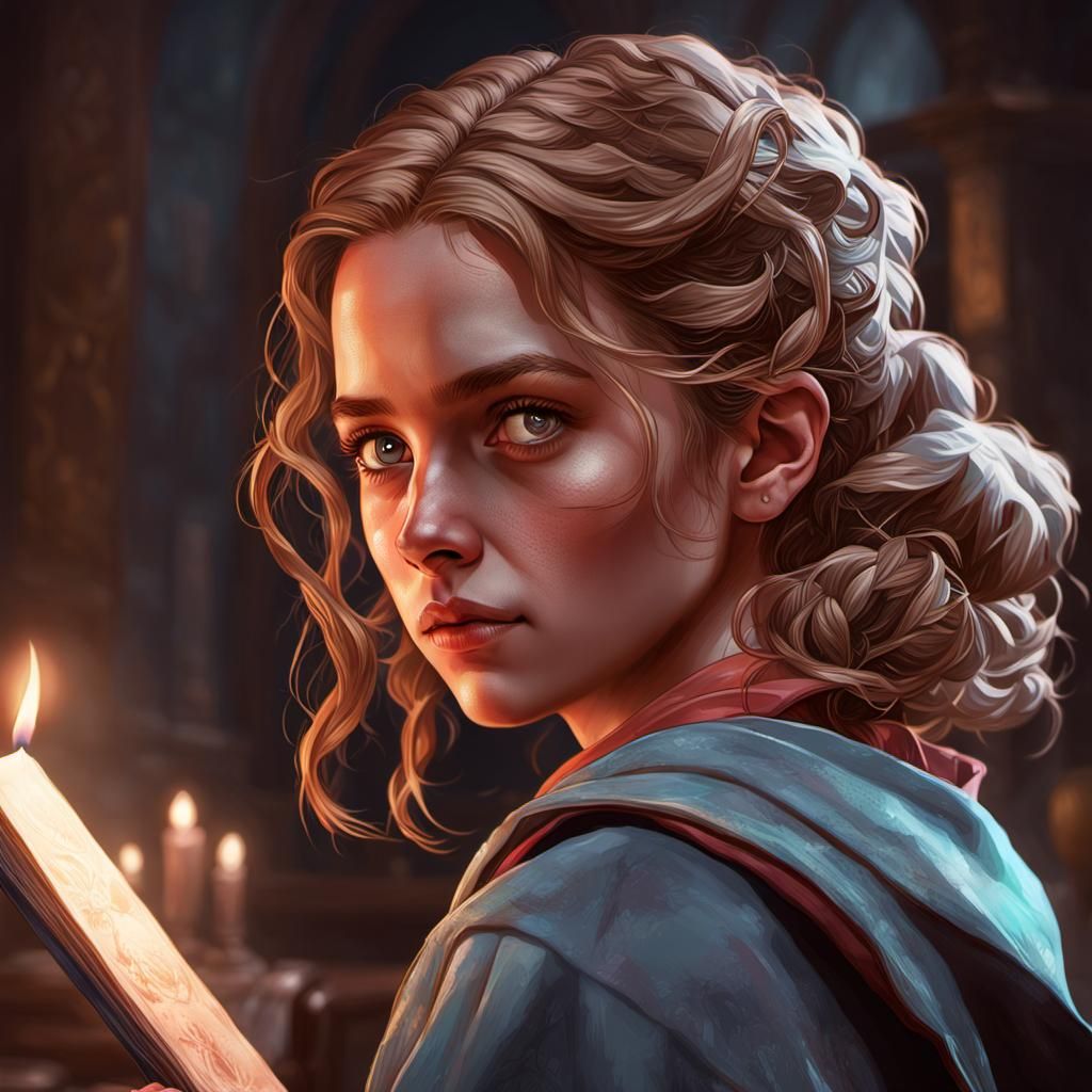 Hermione Granger Studying Charms: Digital Art Portrait