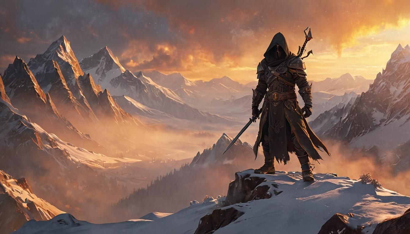 Epic Dark Fantasy Warrior on Snowy Peak