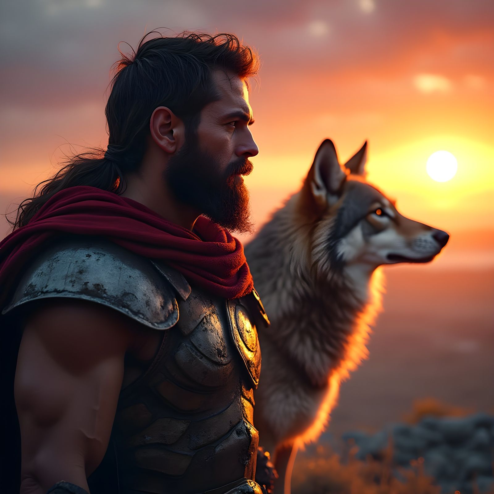 Spartan Warrior Contemplates Sunset with Loyal Wolf Companio...