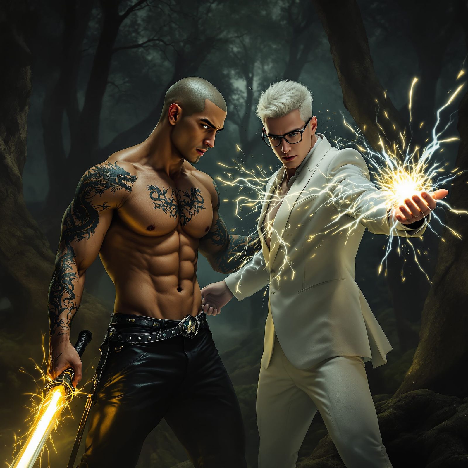 Men Awaiting Confrontation in Moody Forest