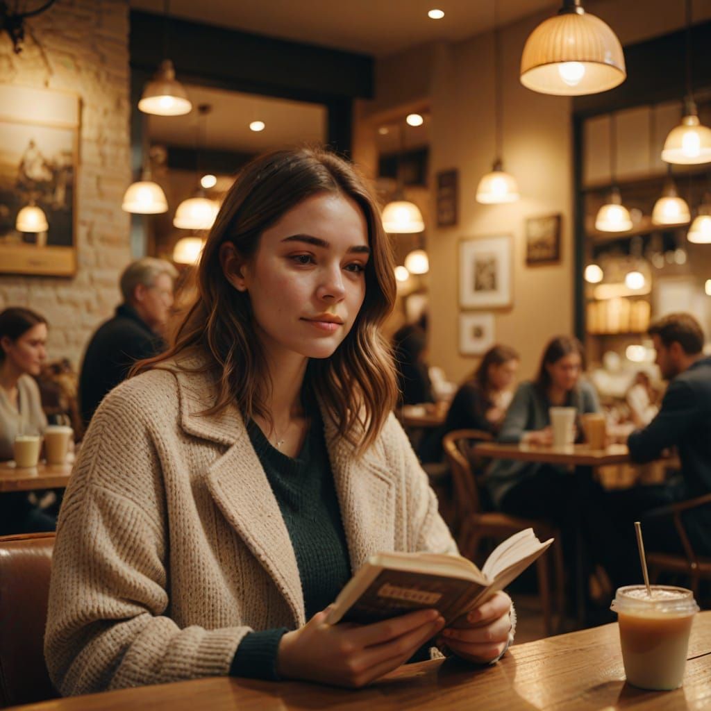 Cozy Cafe Scene: Young Woman Reading