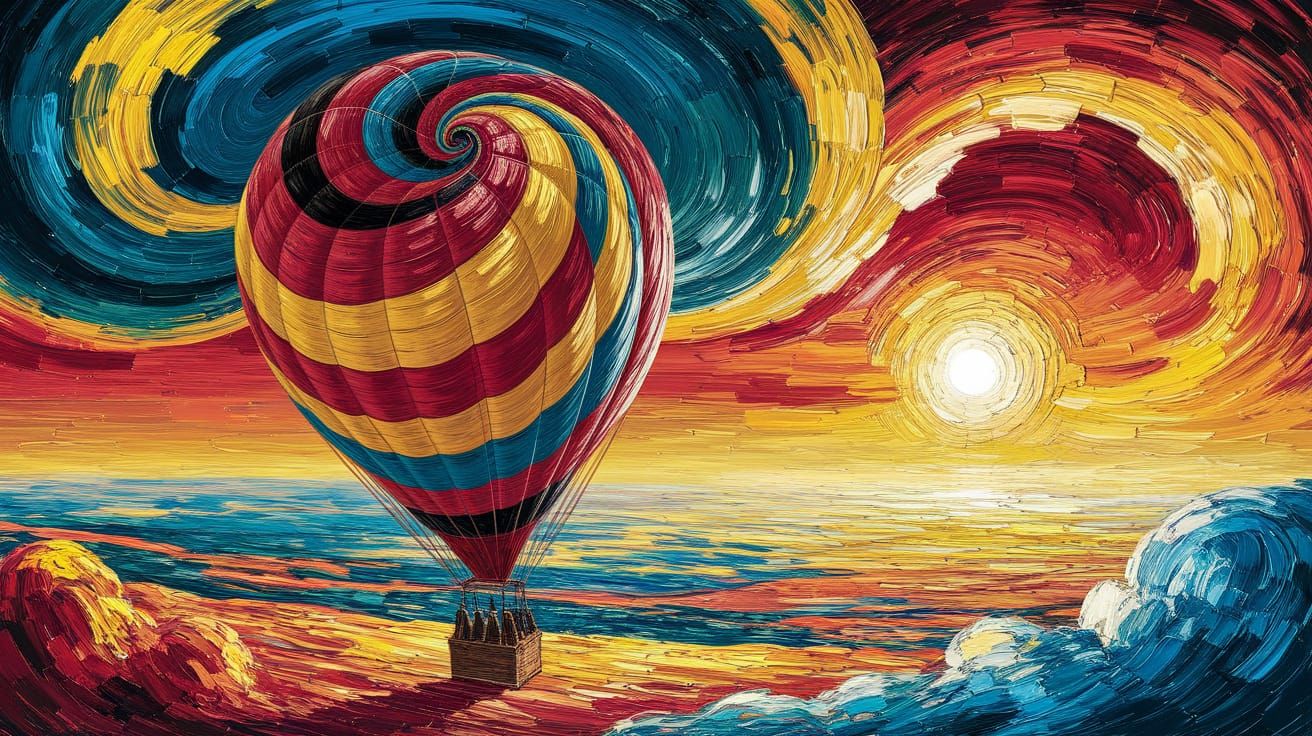 Vibrant Sunset Hot Air Balloon Oil Painting