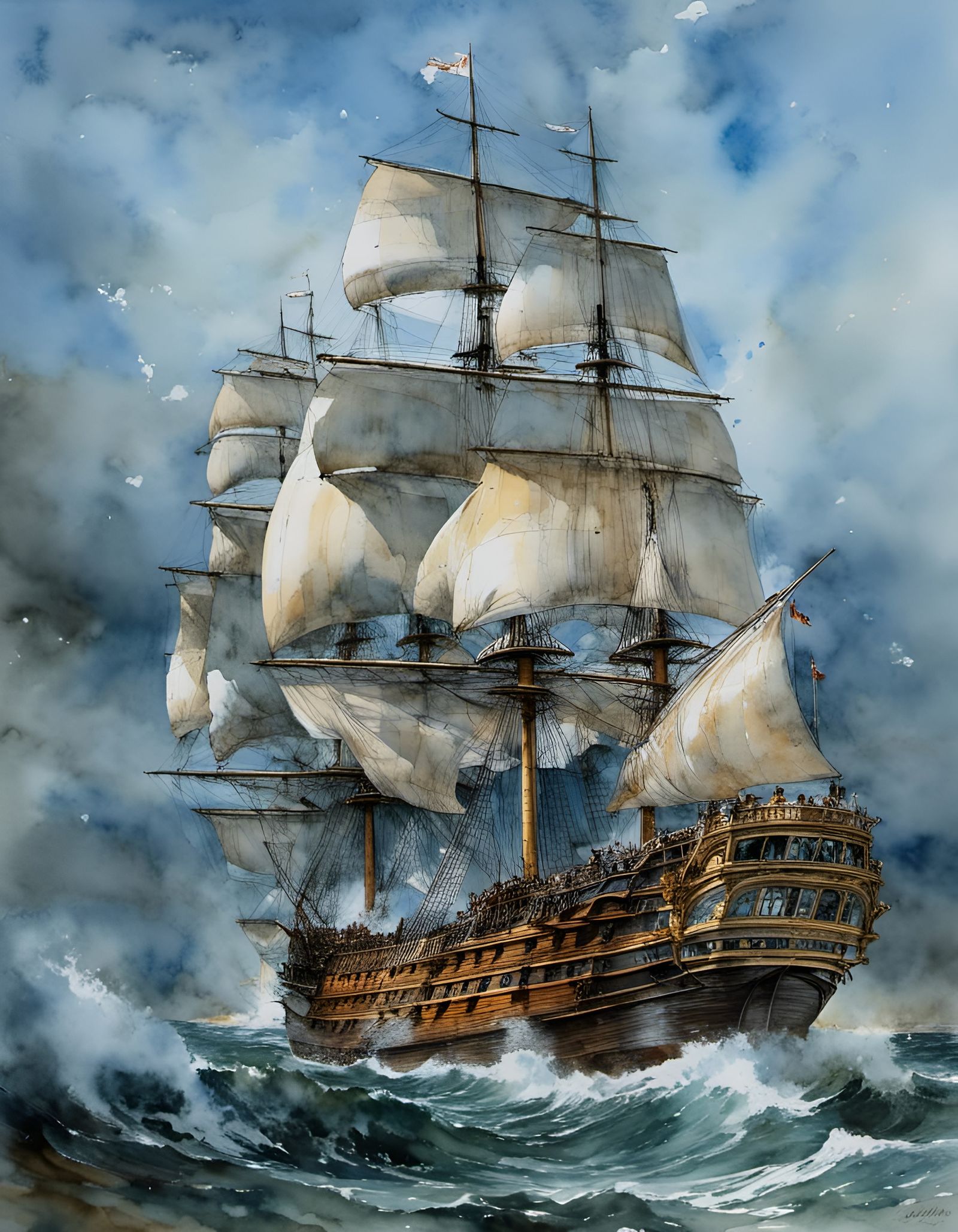 HMS Victory Sails at Sunset in Watercolor Style