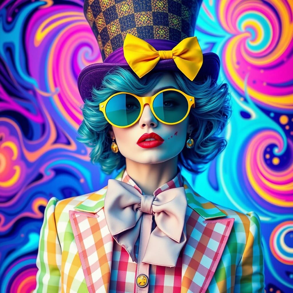 Mad Hatter-Inspired Woman in Gingham Patterns and Vibrant Ou...