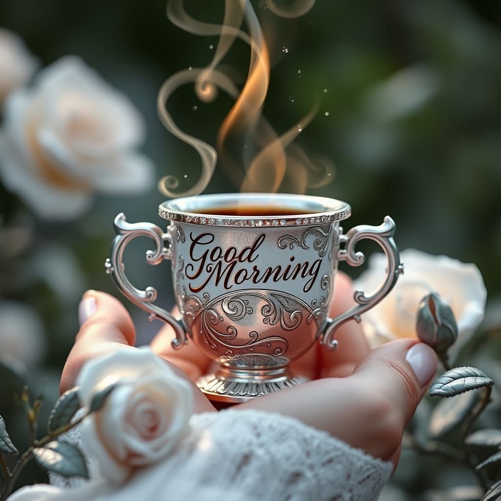 Ornate Coffee Cup with Silver Roses and White Flames