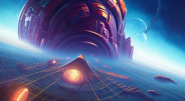 Cosmic City in Outer Space with Floating Planets