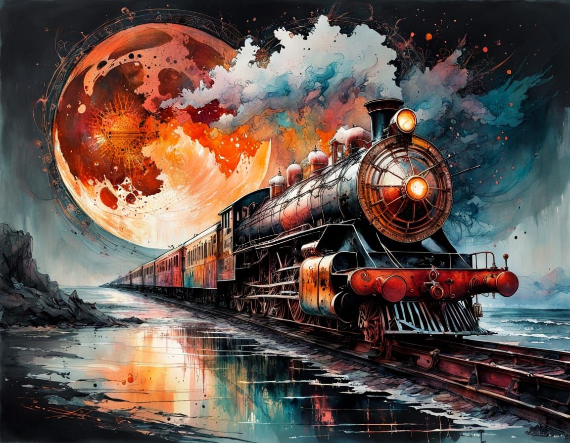 Grandiose Steampunk Train Under a Vibrant Orange Moon
