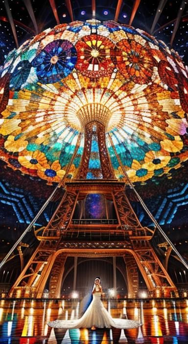 Bride in Spirographic Mosaic, Colorful Abstract Portrait