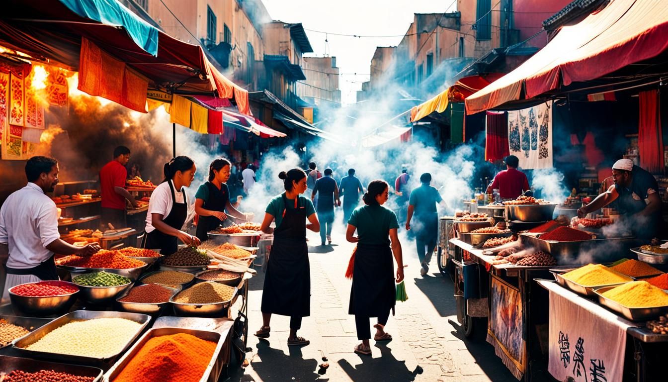 Lively Market Scene with Street Food in Vibrant Colors