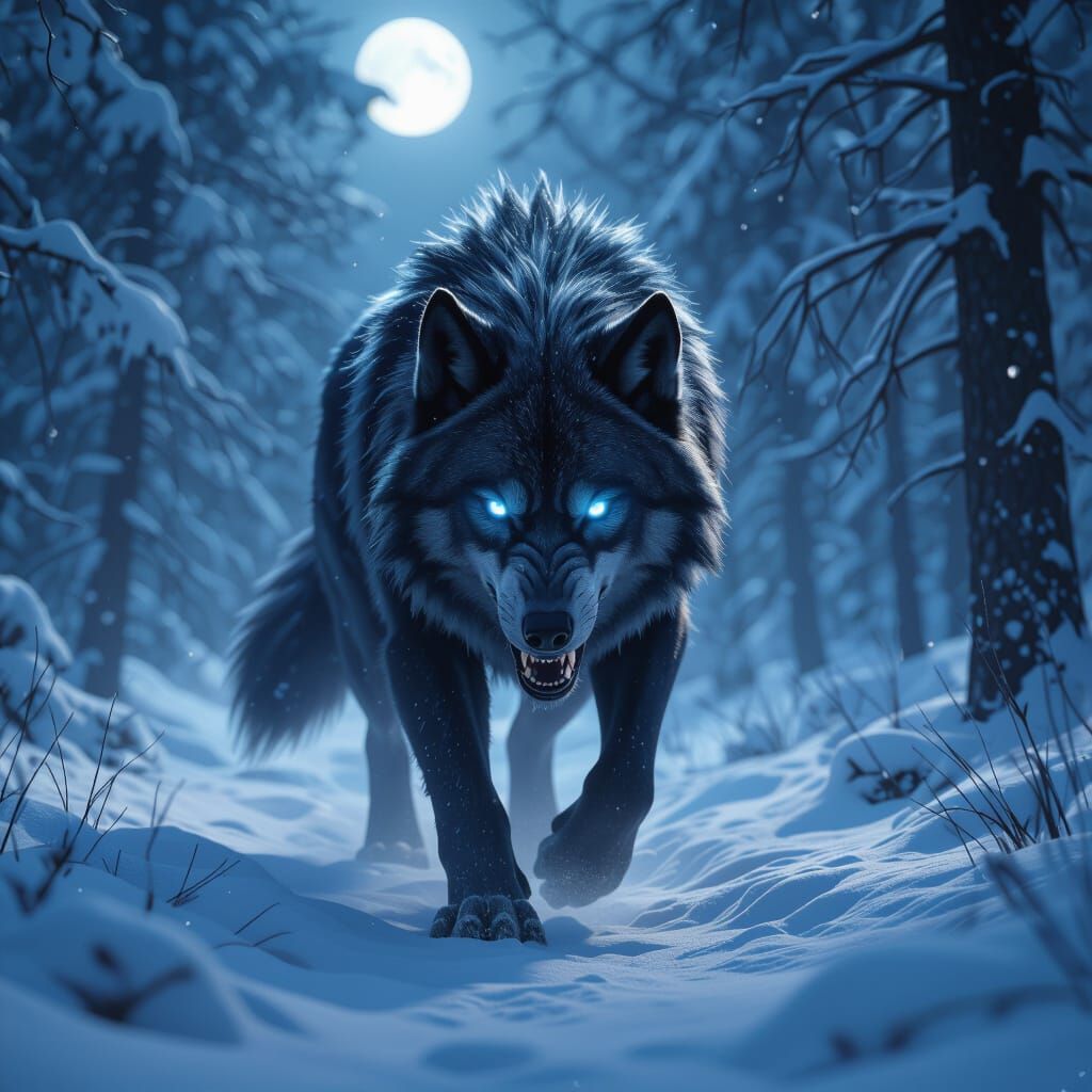 Dire Wolf in Snowy Forest Under Moonlight