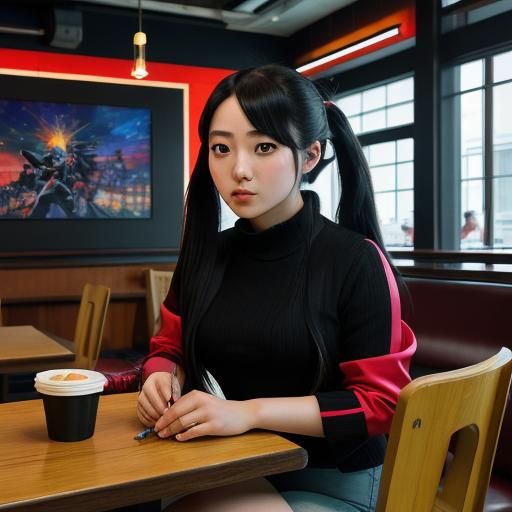 Blissful Anime Woman Enjoys Ice Cream in Restaurant