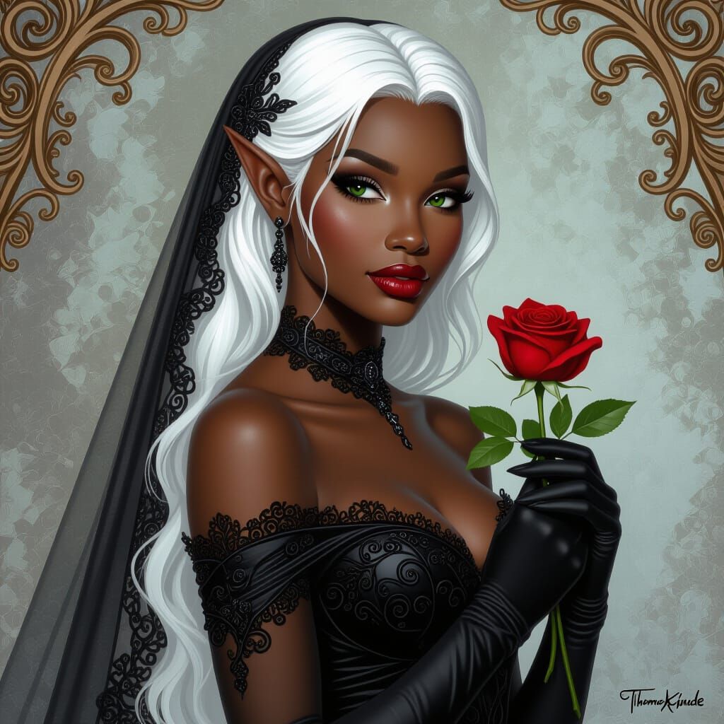 Elf Bride in Black Gown with Red Rose, Fantasy Painting