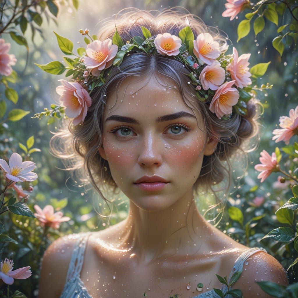 Whimsical Garden Goddess with Flowers in Her Hair