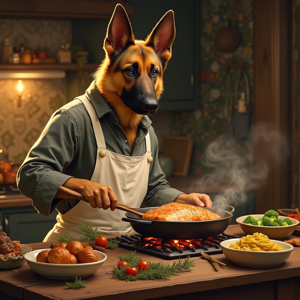German Shepherd Chef in Whimsical Kitchen